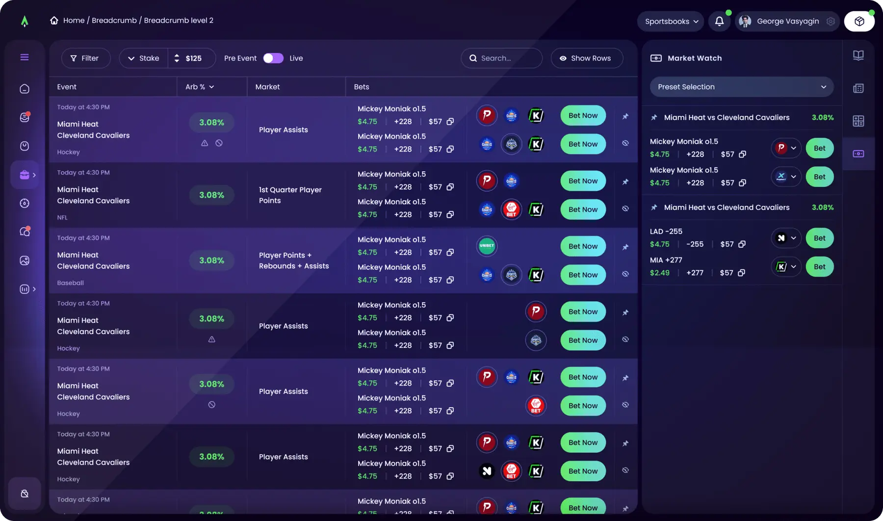 Dashboard showcasing real-time arbitrage bets